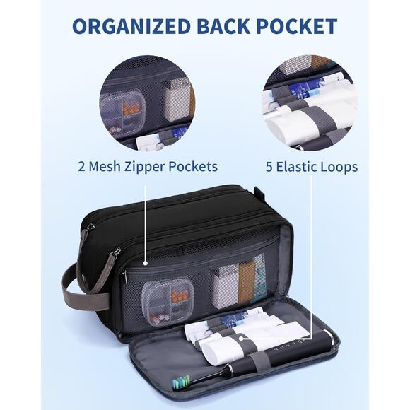 WANDF Toiletry Bag Men Large Travel Organizer Canvas Leather Dopp Kit Black - Picture 5 of 7